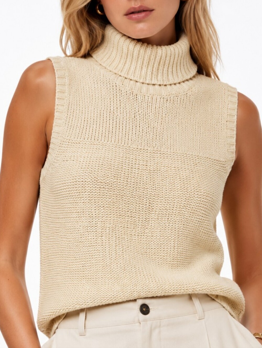 Vintage Tan Cotton Turtleneck Sleeveless Quiet Luxury Top